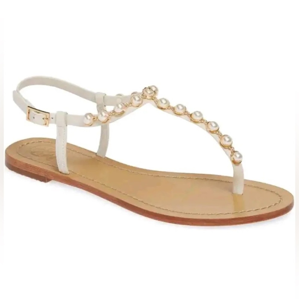 Tory Burch Emmy Pearl Thong Linen White Leather Sandals Size 9M